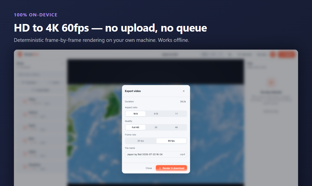 RouteFlick export dialog showing aspect ratio, Full HD to 4K quality, and frame-rate controls